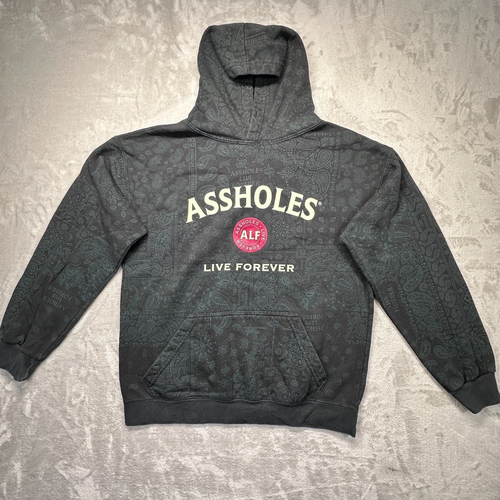 Asholes Live Forever Mens Medium Black Green Paisley Casual Streetwear Hoodie